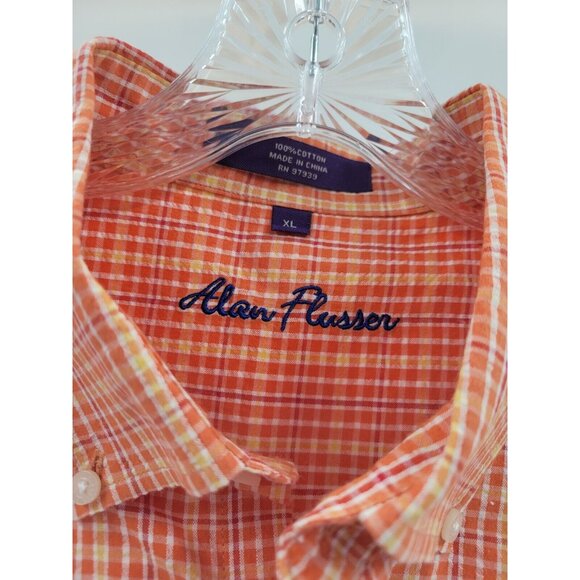 Alan Flusser Short Sleeve Mens XL Button Up Seersucker Cotton Loose Fit Orange - Picture 4 of 5